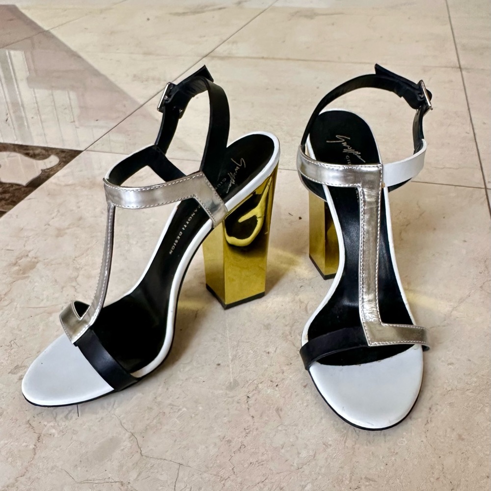 Giuseppe Zanotti Metallic Color Contrasting Black White Gold Sandals Heels 37